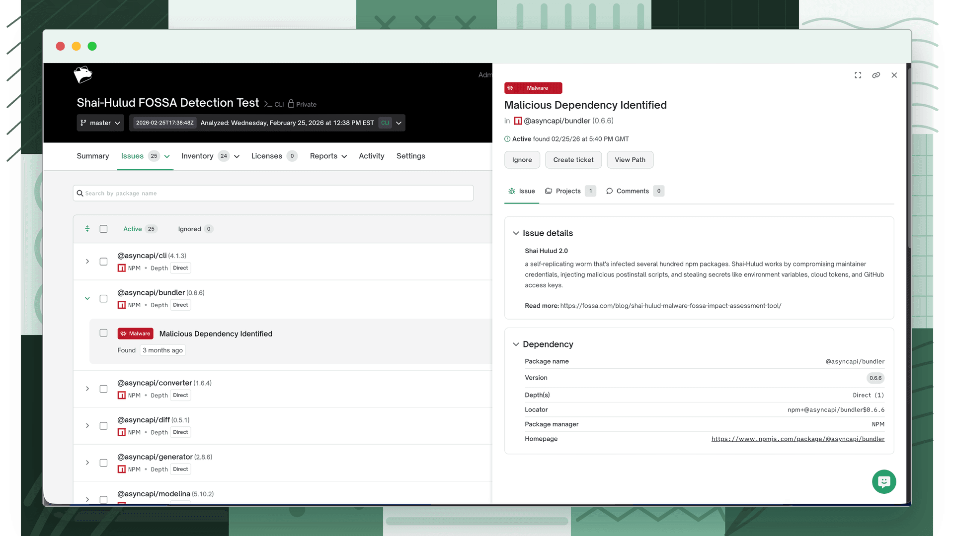 Malware issue details showing the report name, description, and a Read more link
