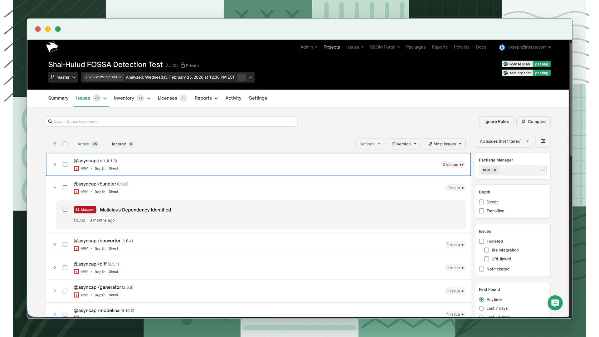 Issues tab listing a dependency flagged with a Malware badge and Malicious Dependency Identified