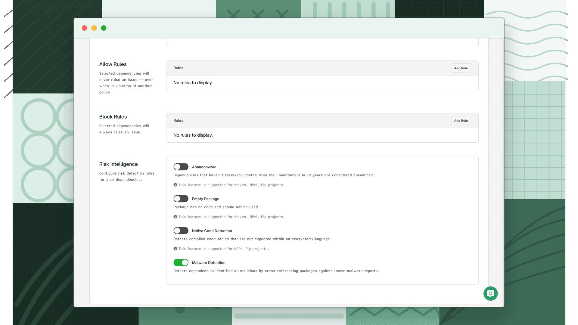 Quality policy Risk Intelligence section with the Malware Detection rule enabled