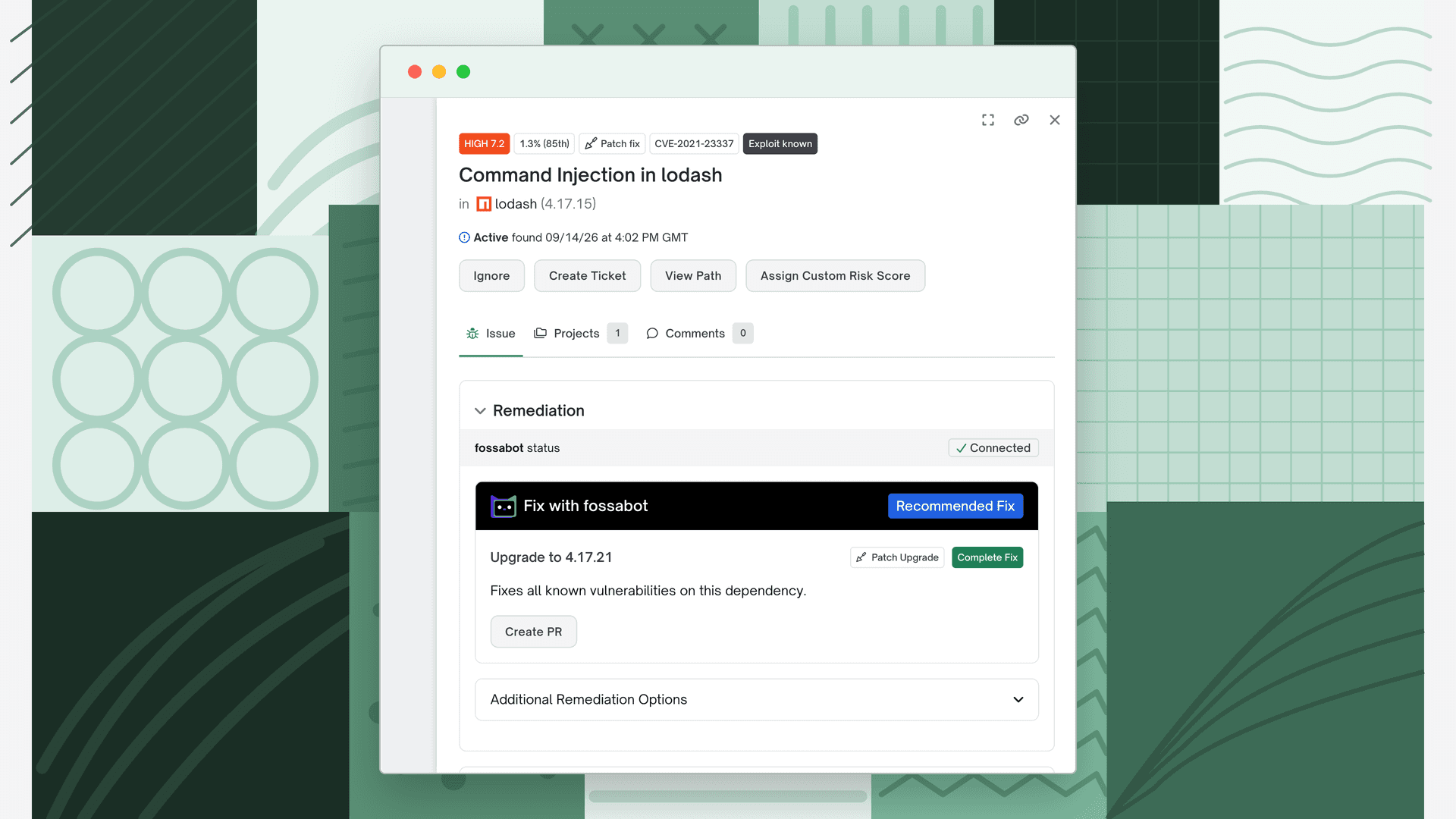 Vulnerability issue drawer with fossabot status Connected and the Fix with fossabot card recommending an upgrade to 4.17.21, with Create PR and Additional Remediation Options