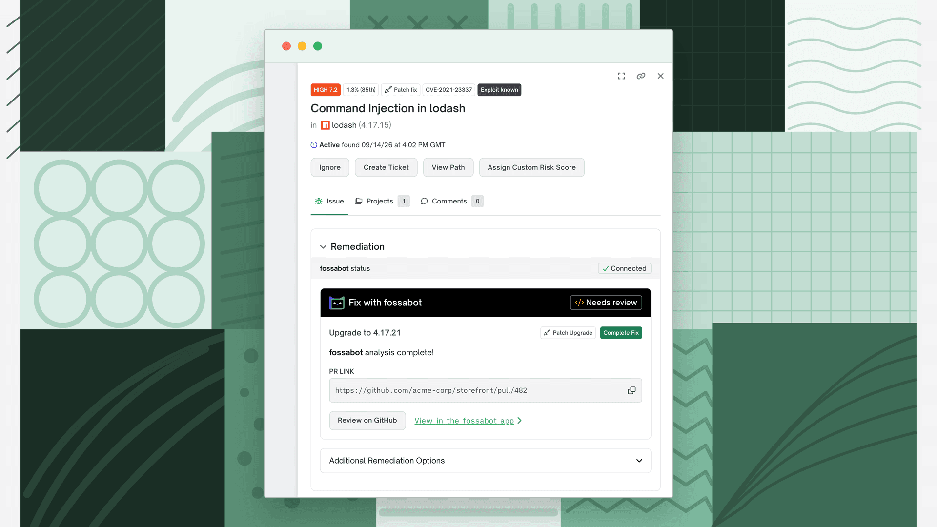Vulnerability issue drawer with the Fix with fossabot card in the Needs review state, showing the PR link, Review on GitHub, and View in the fossabot app
