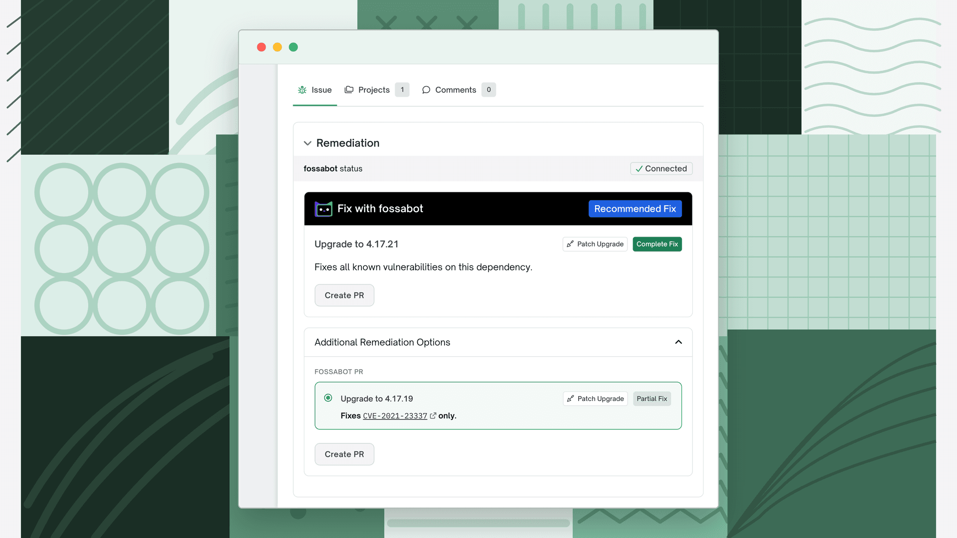 Additional Remediation Options expanded under the Fix with fossabot card, showing a partial fix option to upgrade to 4.17.19 that fixes CVE-2021-23337 only, with its own Create PR button