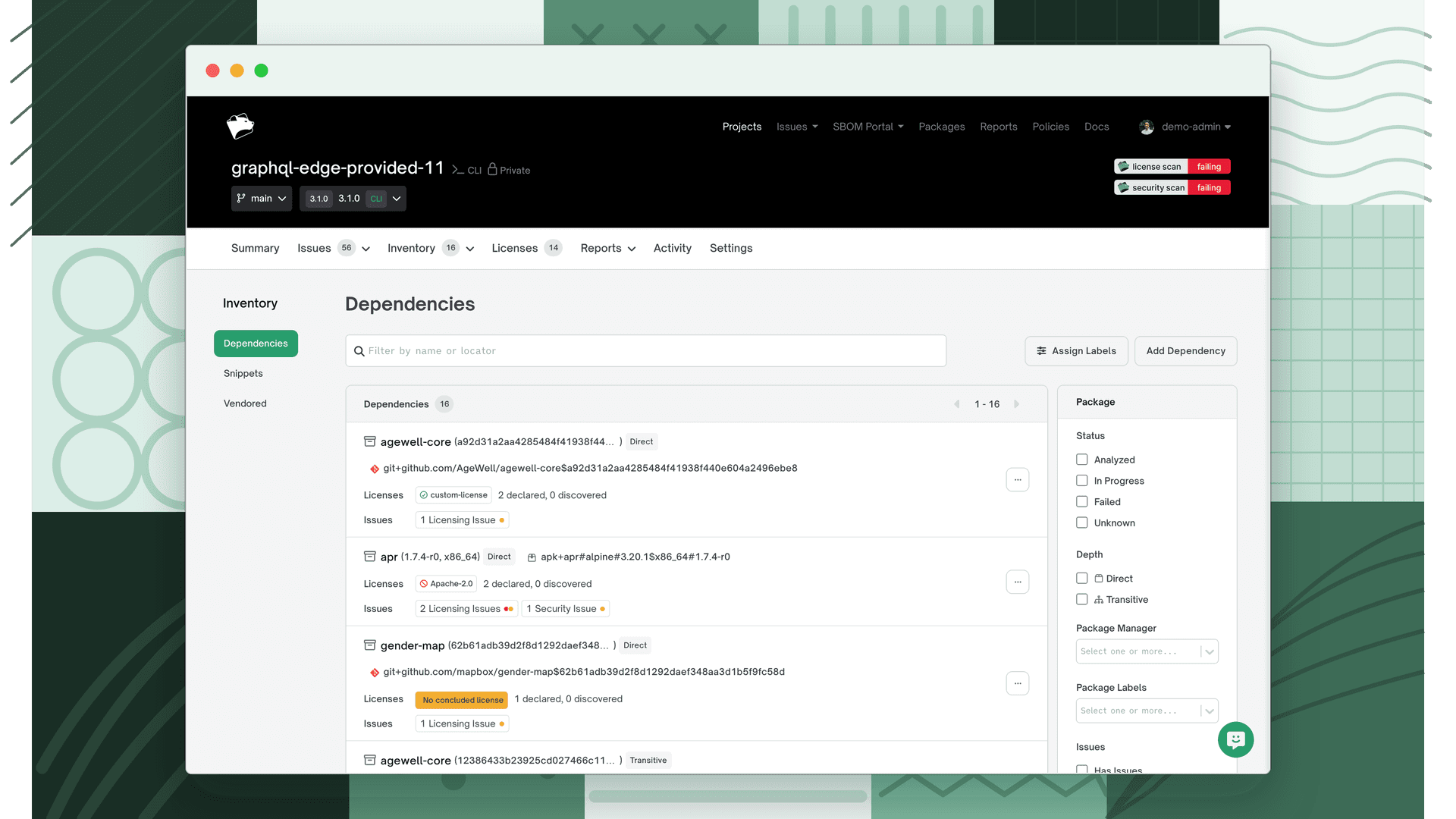 Project Dependencies inventory showing a dependency tagged with a custom-license label