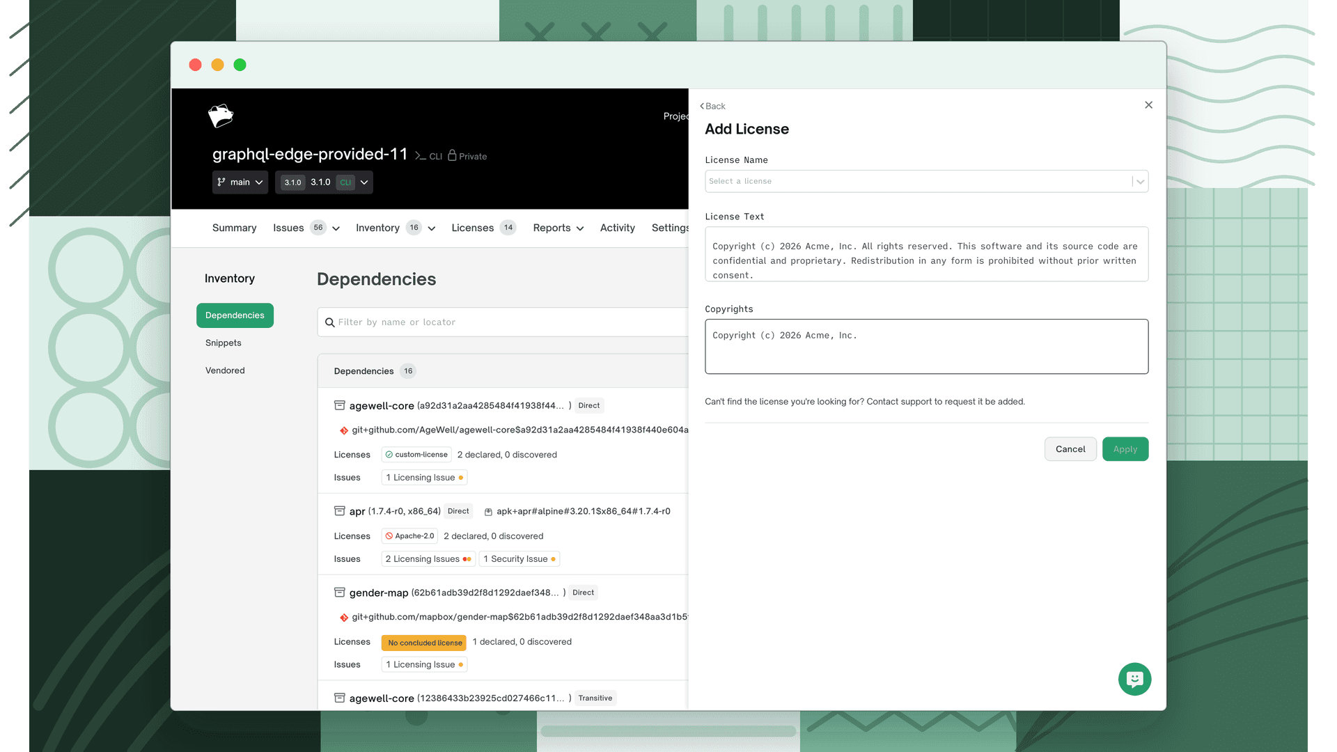 Add License panel in the dependency Licenses tab with License Text and Copyrights fields filled in