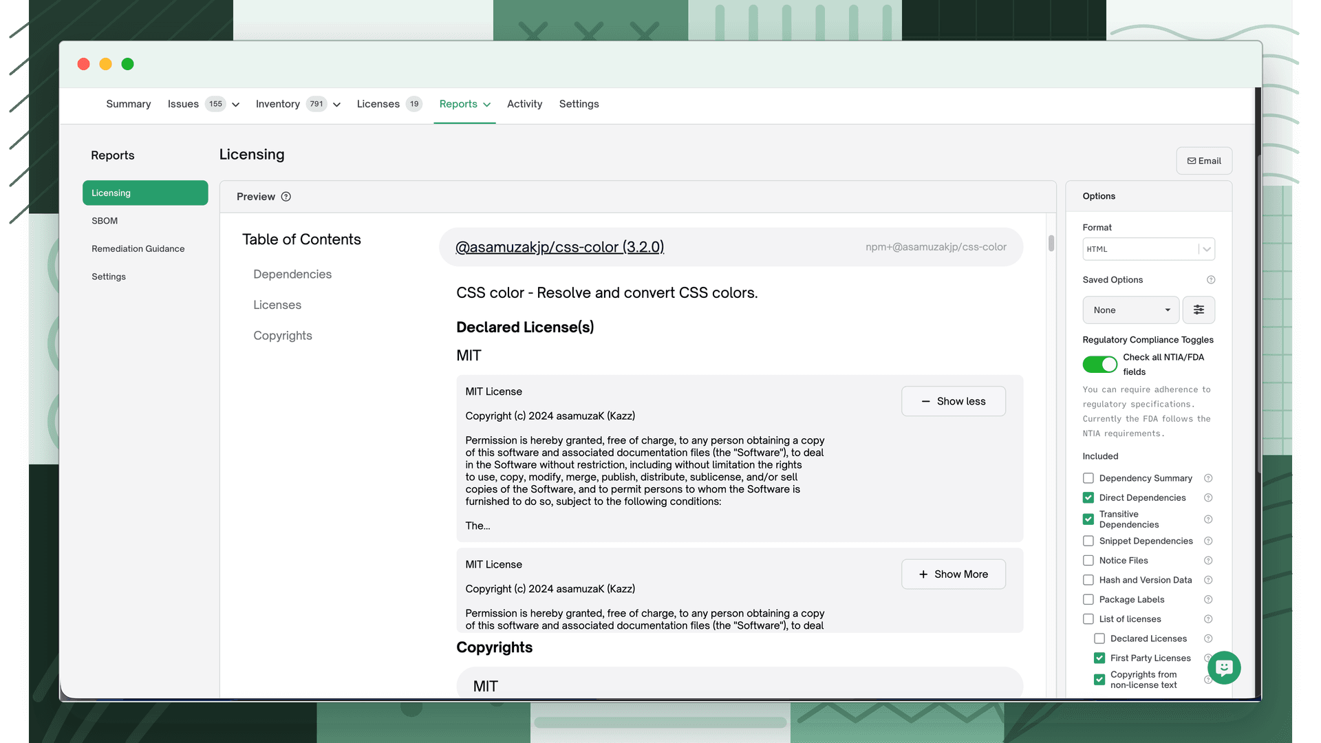Licensing report preview showing the full raw license text expanded under each declared license