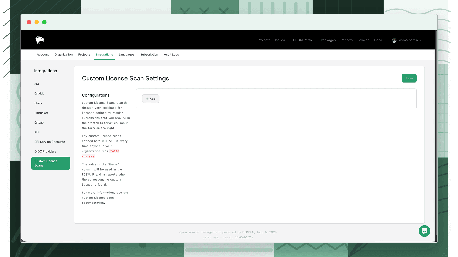 Custom License Scan Settings page under Organization Settings, Integrations, with the Add button to create a license entry