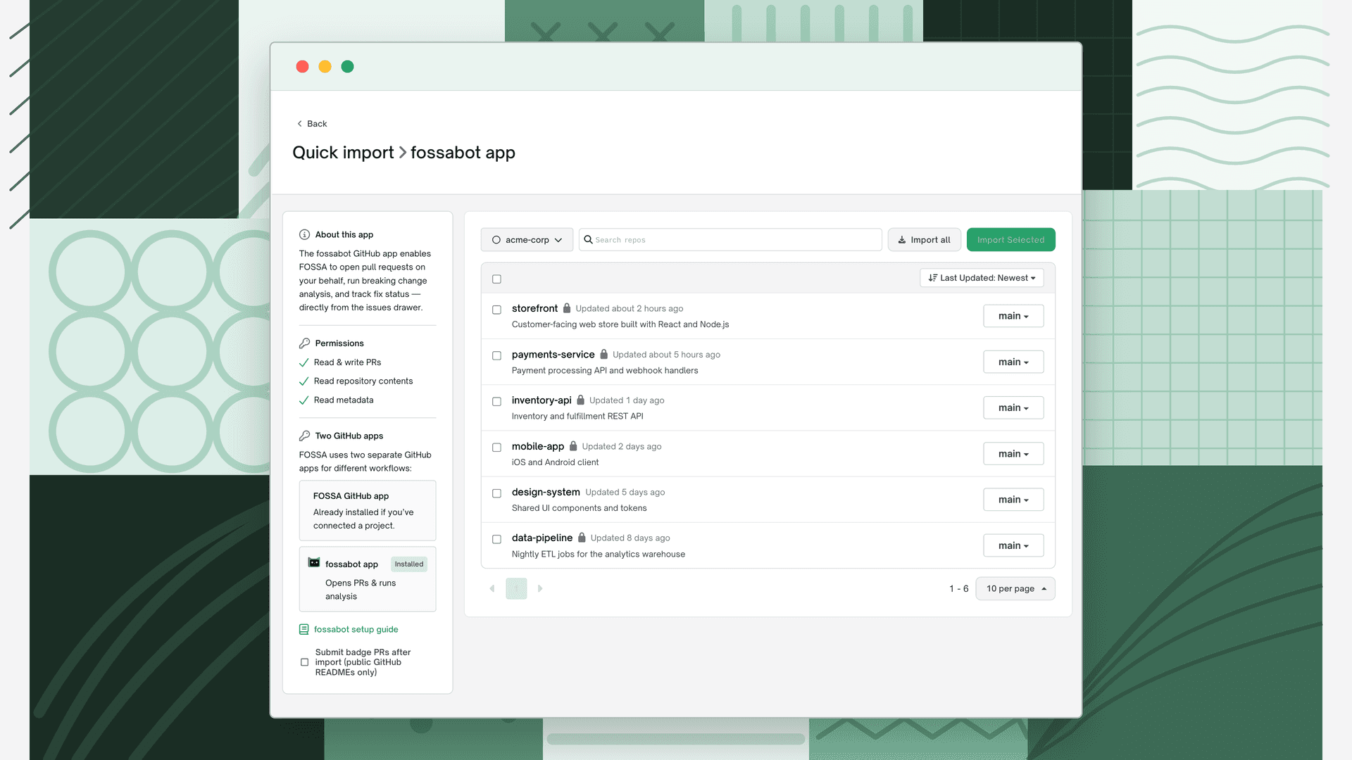 Quick import fossabot app page with the fossabot app marked Installed in the sidebar, and the GitHub organization repositories listed ready to import