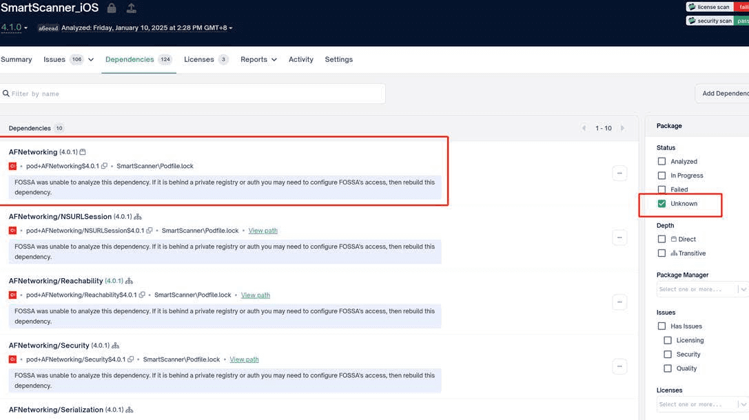 Dependencies list showing a dependency with Unknown status