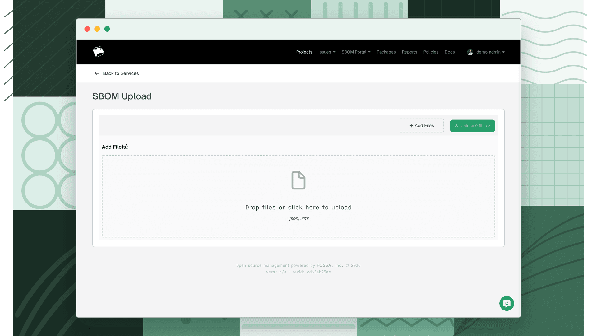 SBOM Upload page with the Add Files button and file dropzone