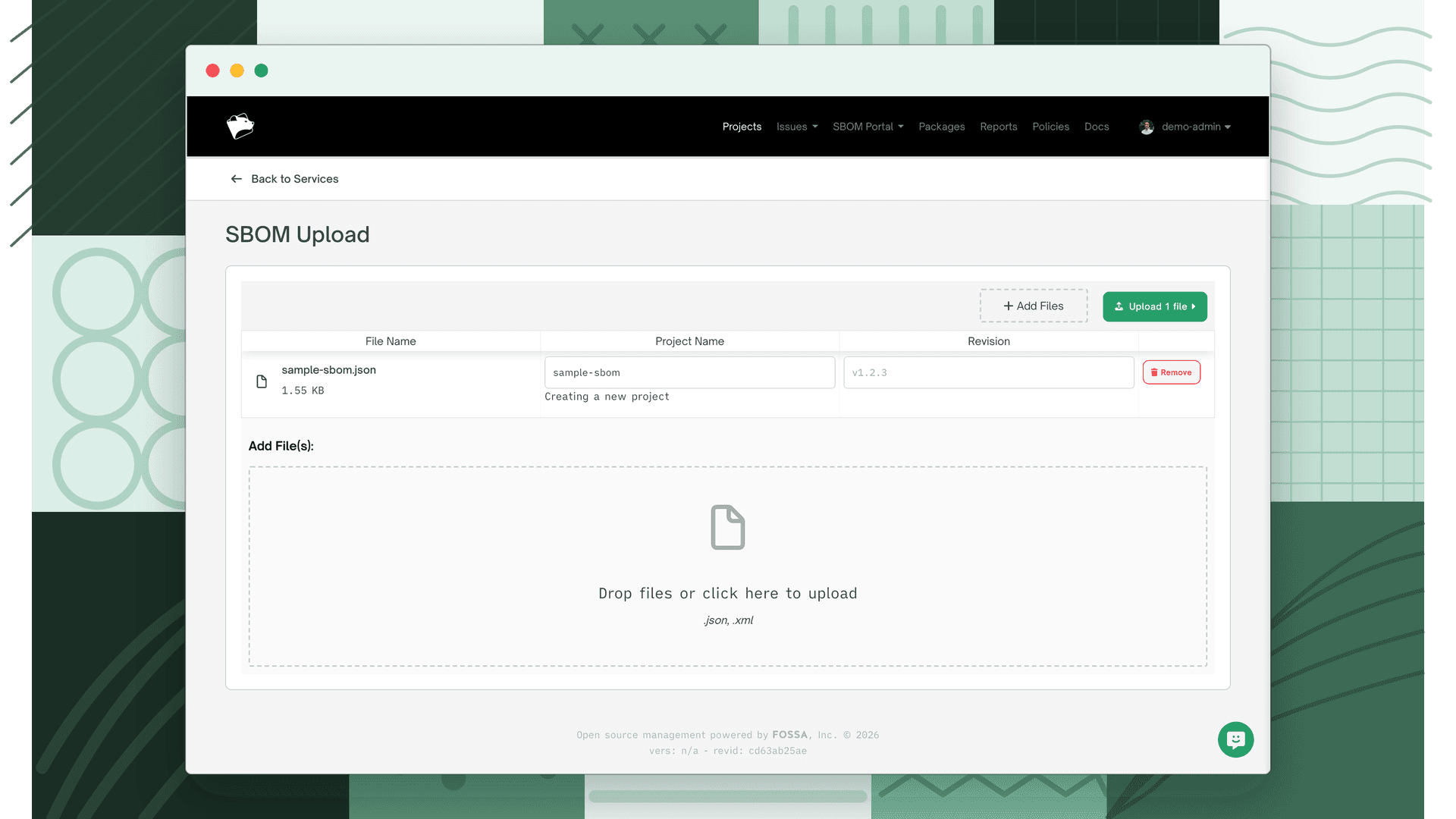 SBOM Upload page with a file selected, showing the Project Name and Revision fields