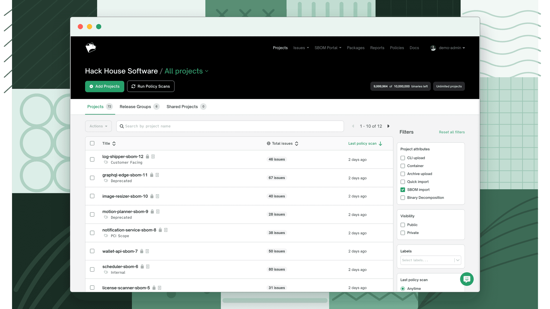 Projects list filtered to SBOM imports, each row marked with the SBOM source icon