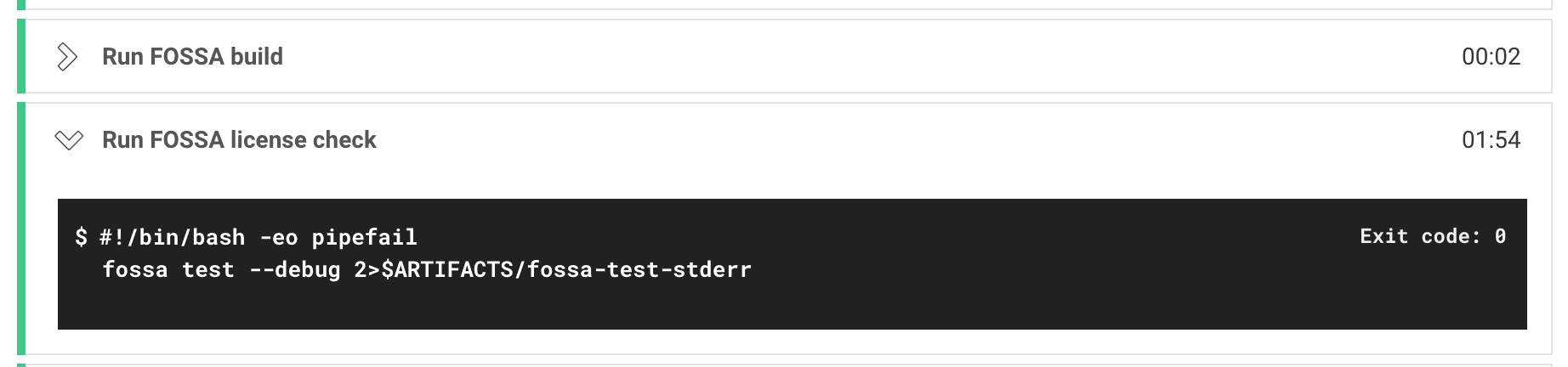 CircleCI build showing a FOSSA test step with pass/fail status
