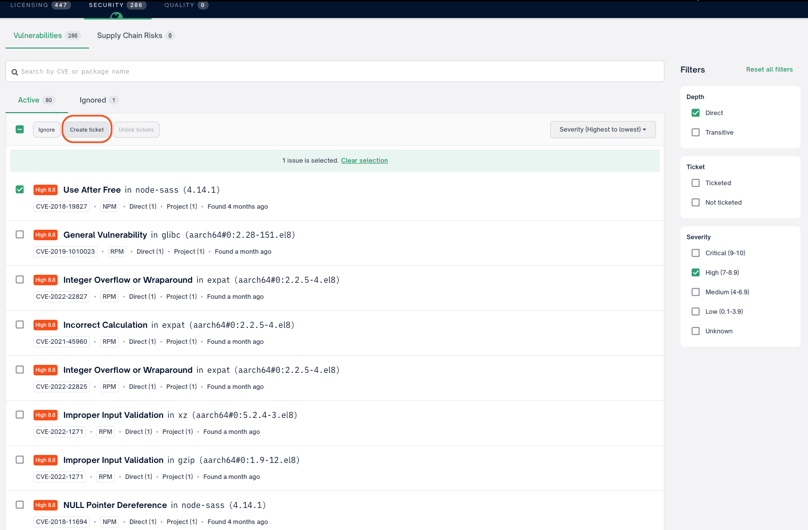 Issue checkbox and Create Ticket button on the FOSSA Issues page