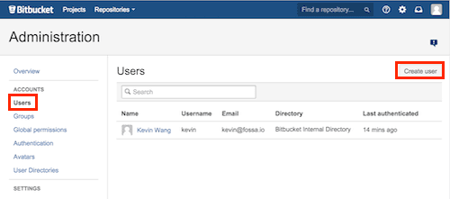Bitbucket Server user administration page