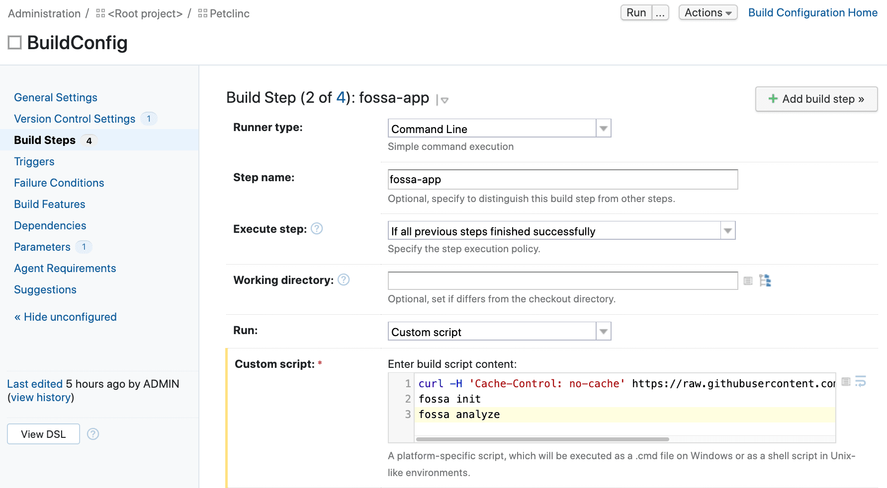 TeamCity build step custom script field with fossa analyze command