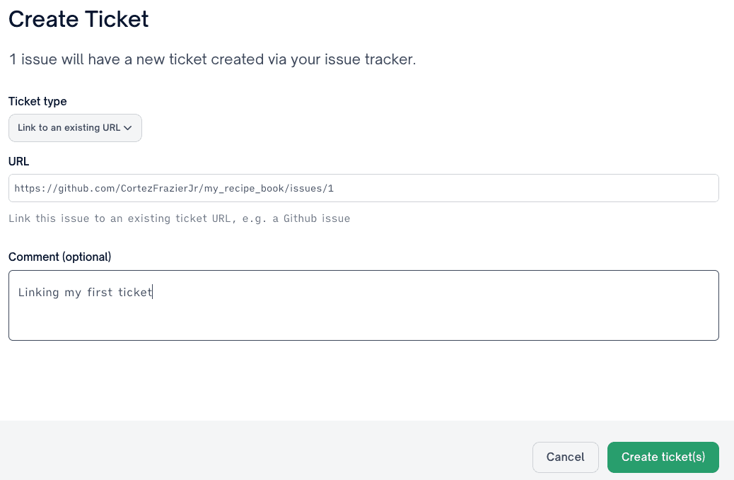Manual ticketing modal with URL and comment fields