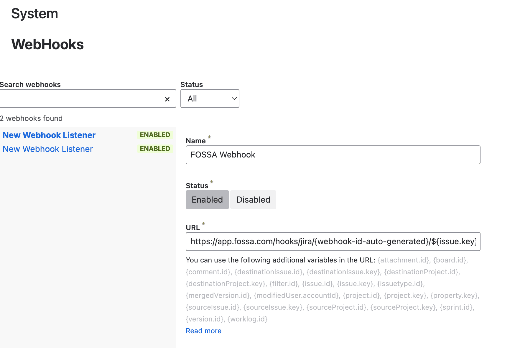 Webhook URL field in Jira