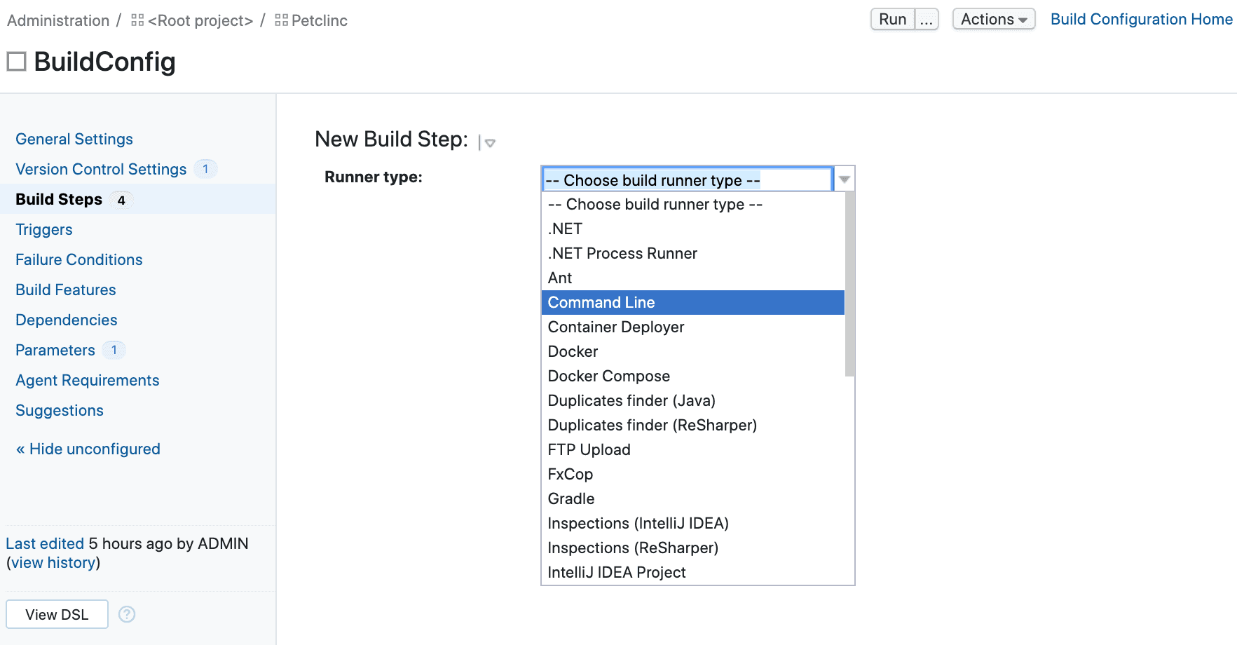 TeamCity runner type selection with Command Line highlighted