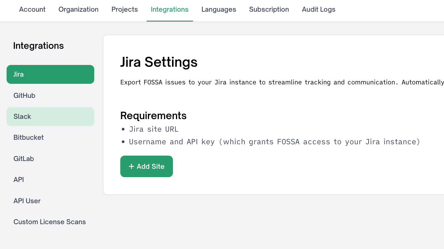 Jira integration settings page with Add Site button