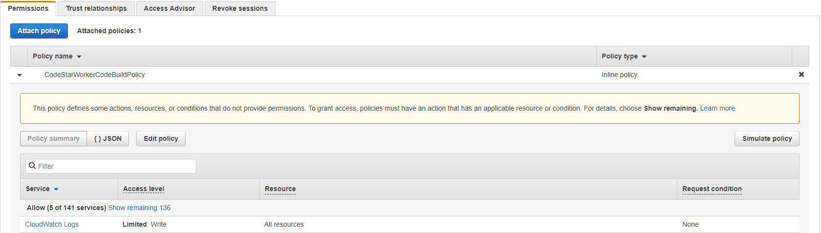 CodeBuild service role with policy expanded