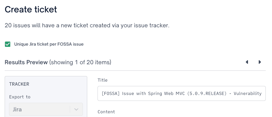 Unique Jira ticket per FOSSA issue toggle in the Create Ticket modal