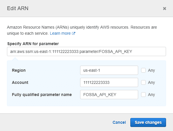 Add ARN dialog with region, account ID, and FOSSA_API_KEY filled in