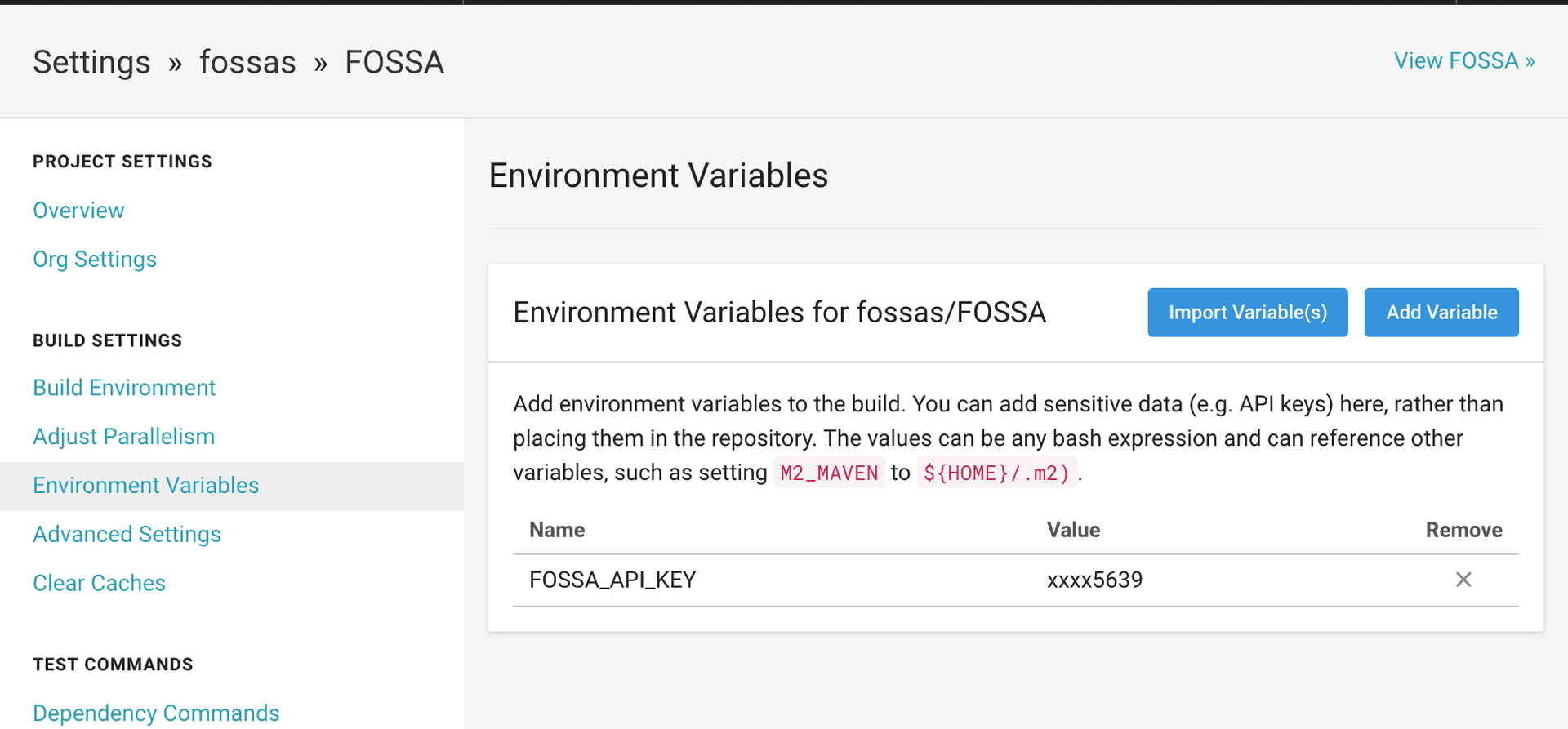 CircleCI environment variables settings showing FOSSA_API_KEY