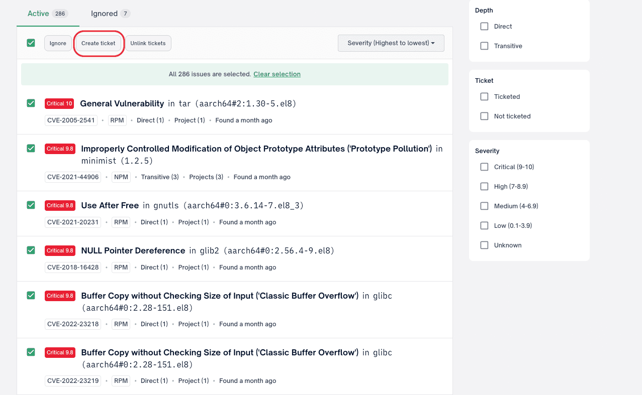 Multiple issues selected with Create Ticket button