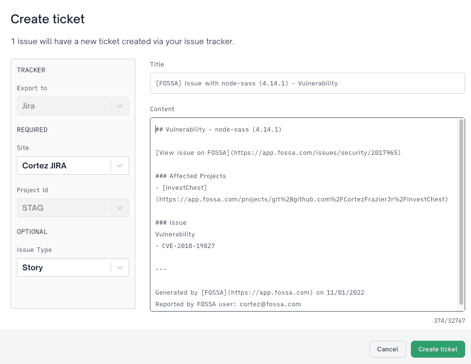 Create Ticket modal with Site, Project ID, Issue Type, and Label fields