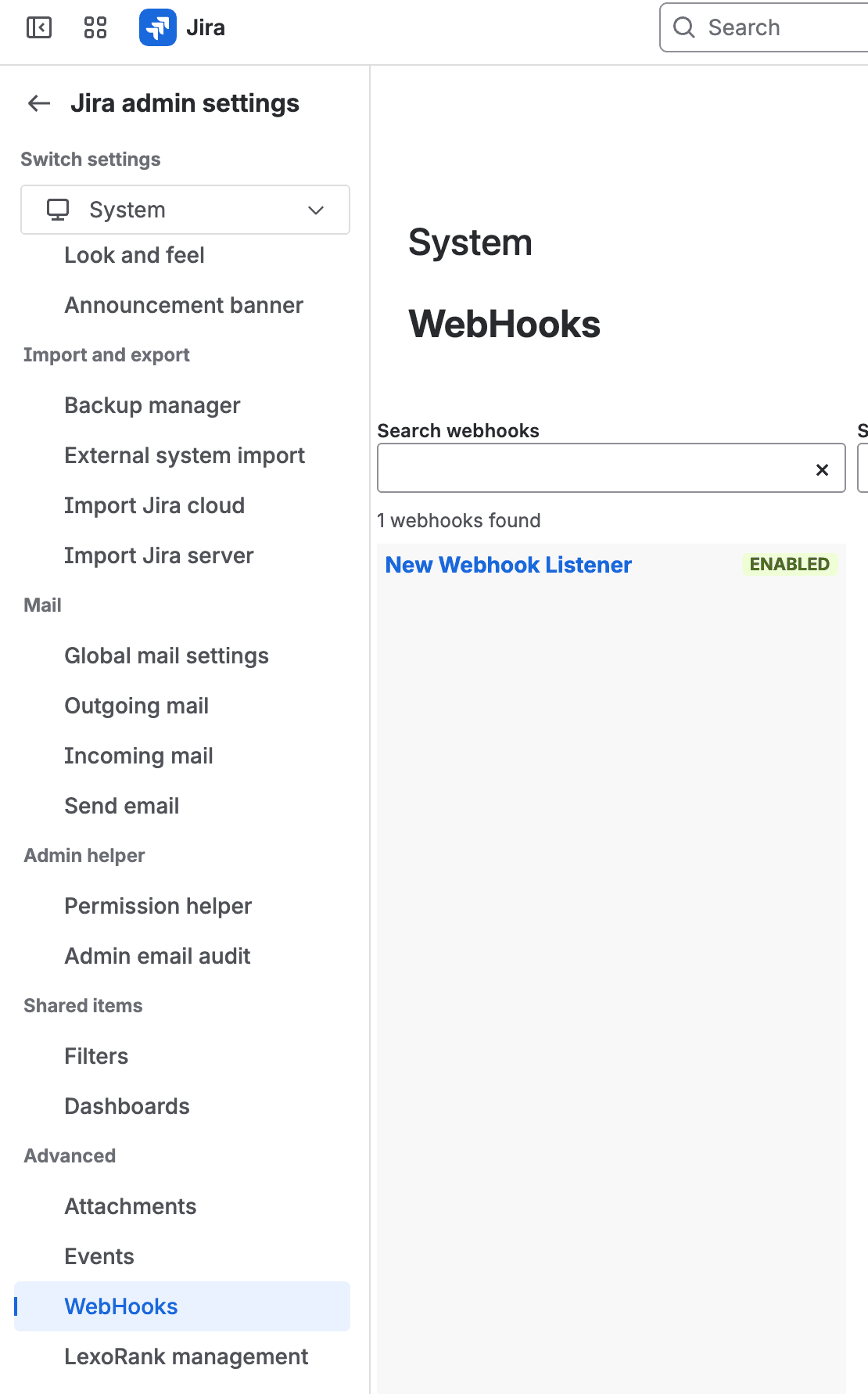 WebHooks option in Jira Advanced sidebar