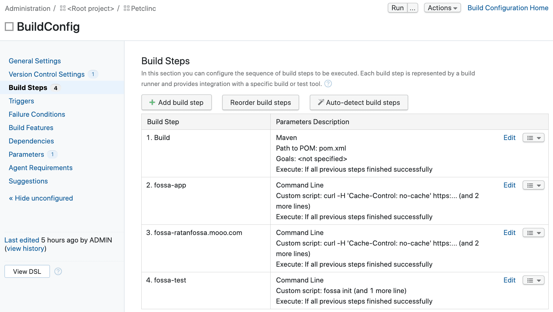 TeamCity Build Steps page showing Add build step button