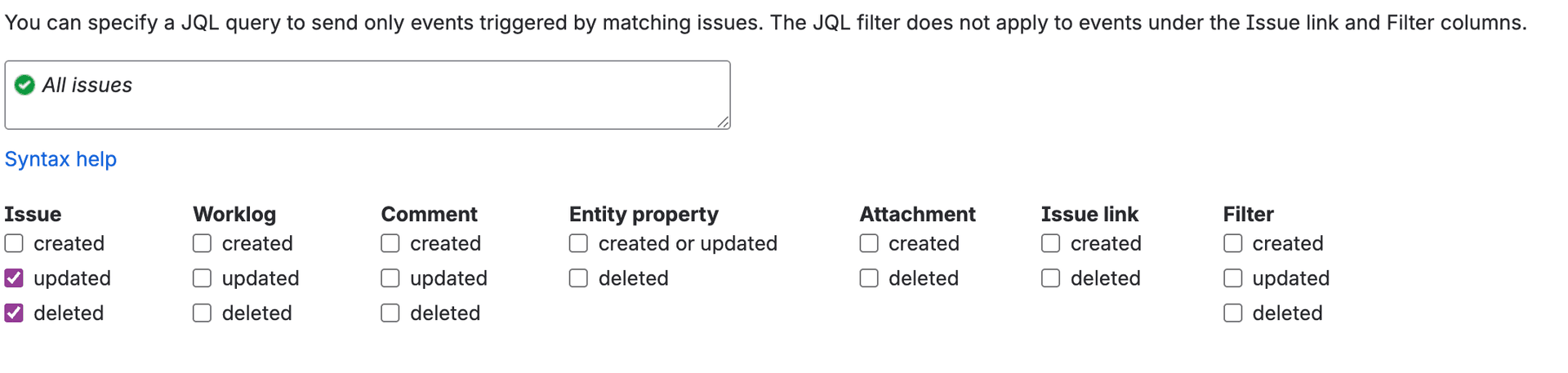 Jira webhook event configuration for issue updated and deleted