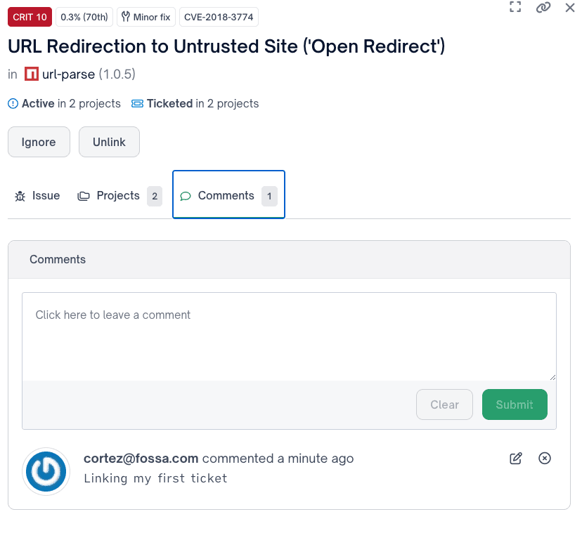 Comment visible on the tracked FOSSA issue