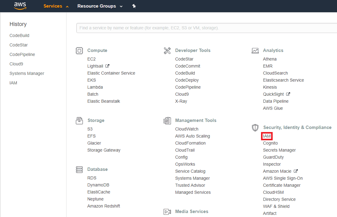AWS Services menu with IAM highlighted