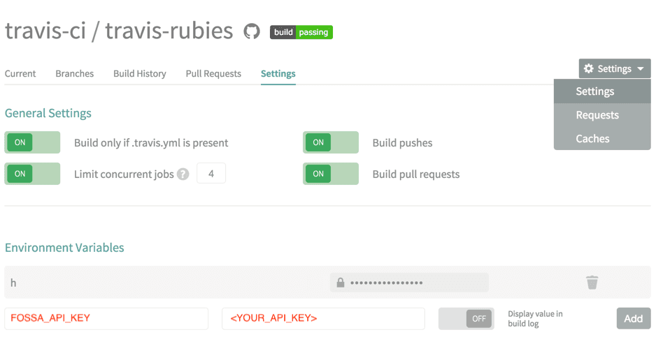 Travis CI repository settings showing environment variables