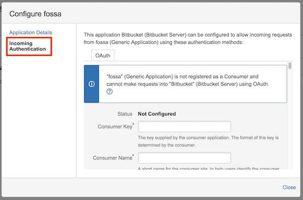 Incoming Authentication form showing Consumer Key, Consumer Name, and Public Key fields
