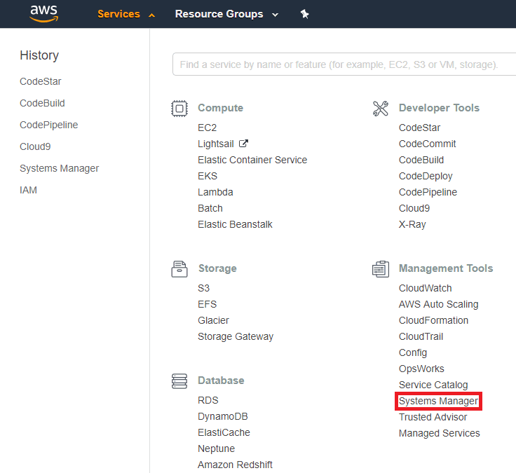 AWS Services menu with Systems Manager highlighted