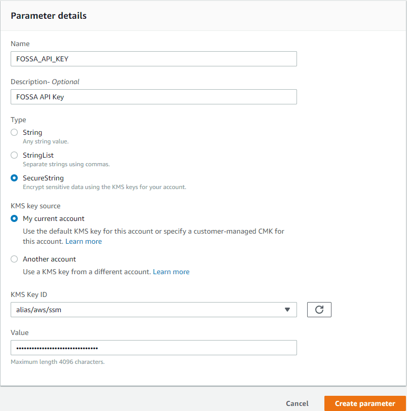 Create Parameter form with FOSSA_API_KEY name, SecureString type, and API key value