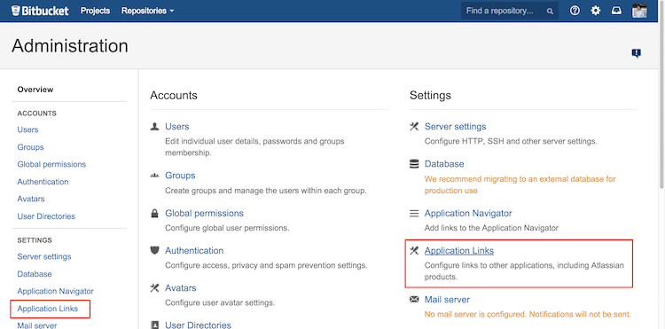 Bitbucket Server settings dashboard