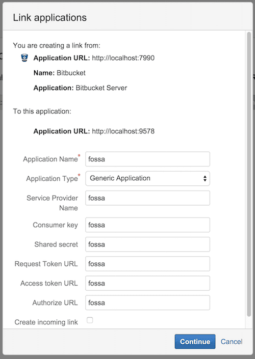 Application Link configuration with fossa filled in for all fields