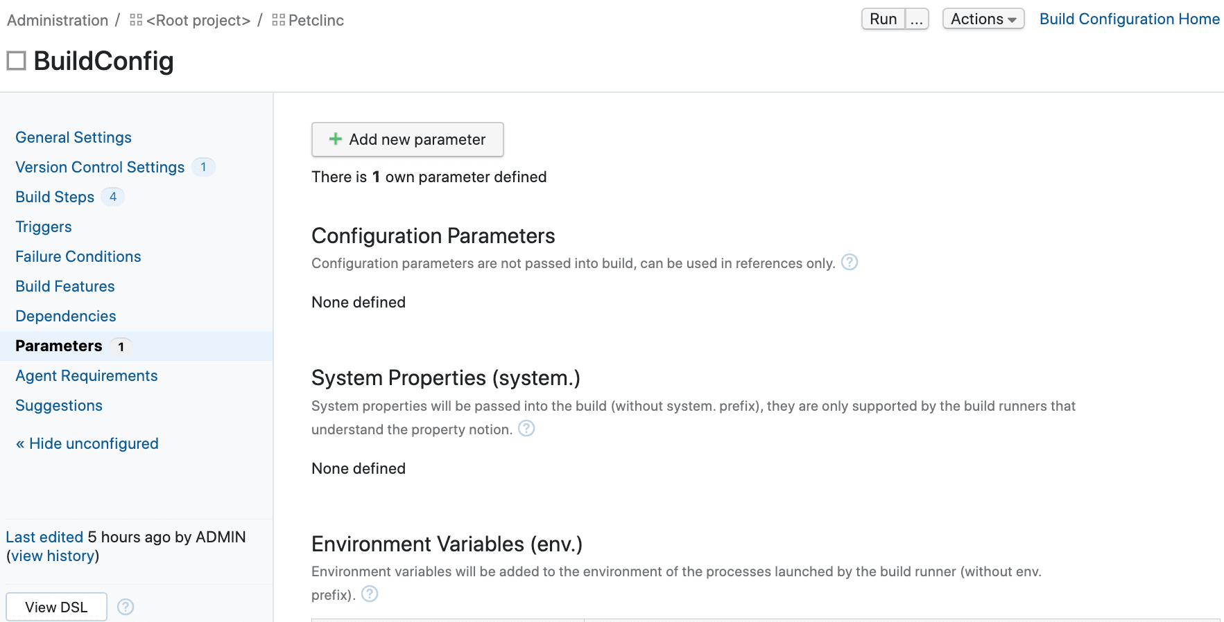 TeamCity Parameters page showing Add new parameter button