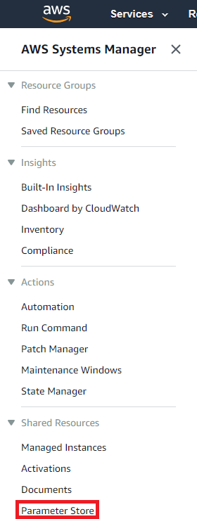 Parameter Store option in Systems Manager sidebar