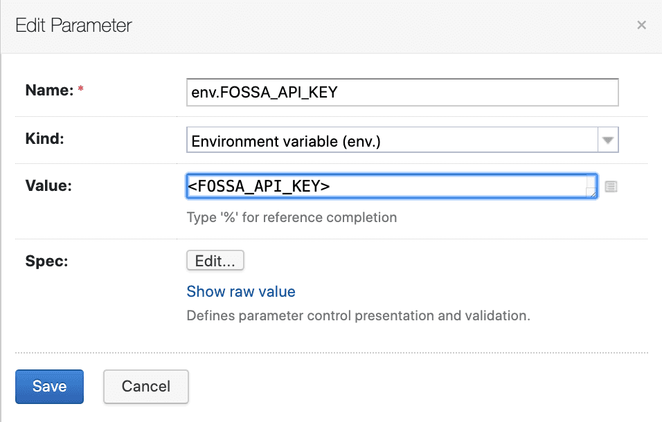 TeamCity parameter form with Kind set to Environment variable and FOSSA_API_KEY as the name