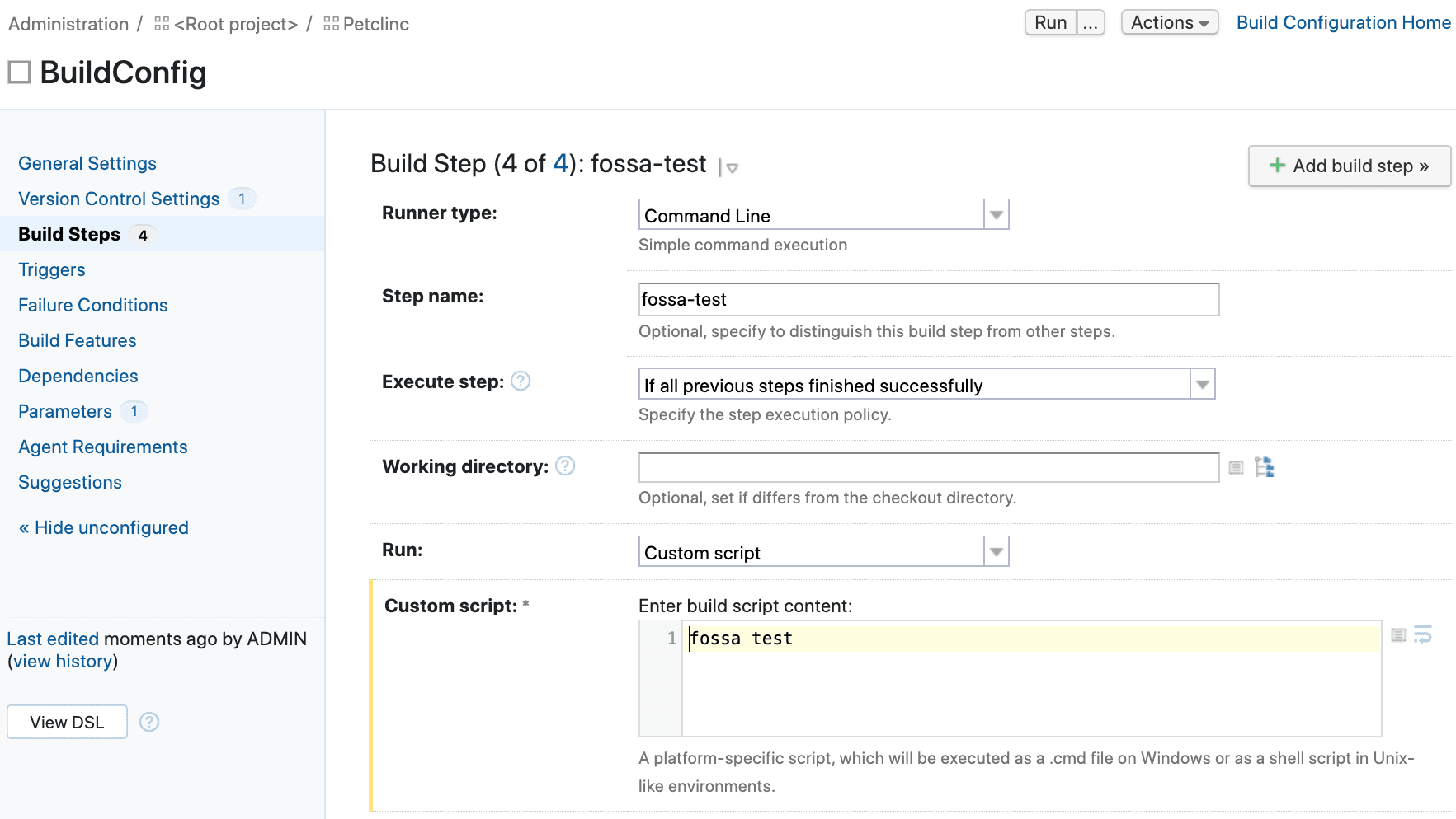 TeamCity build step for fossa test