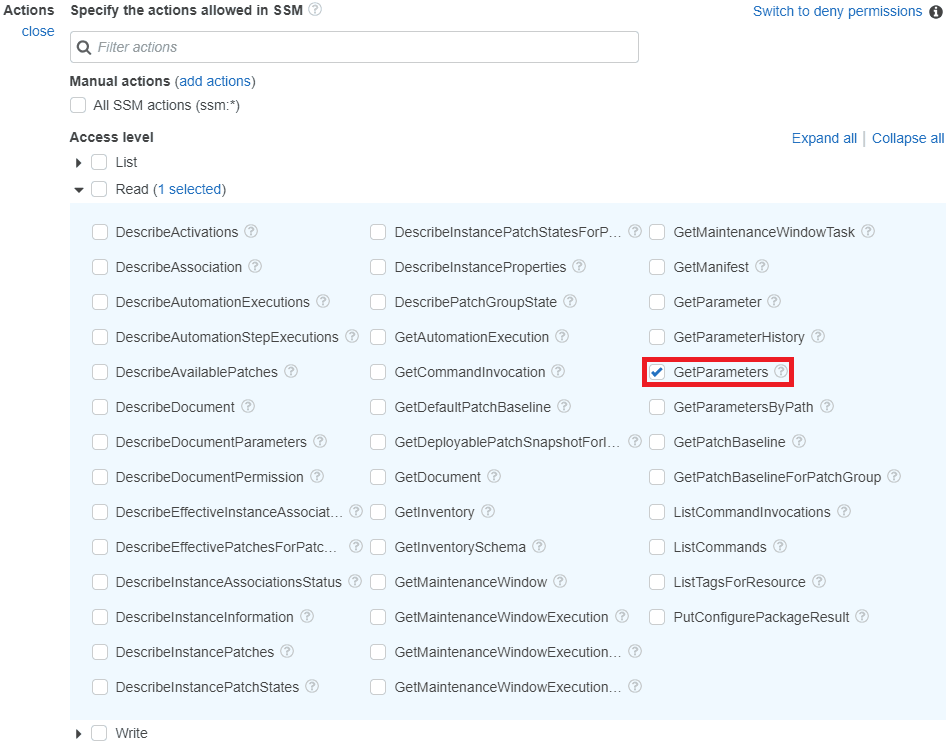 SSM Actions with GetParameters selected under Read