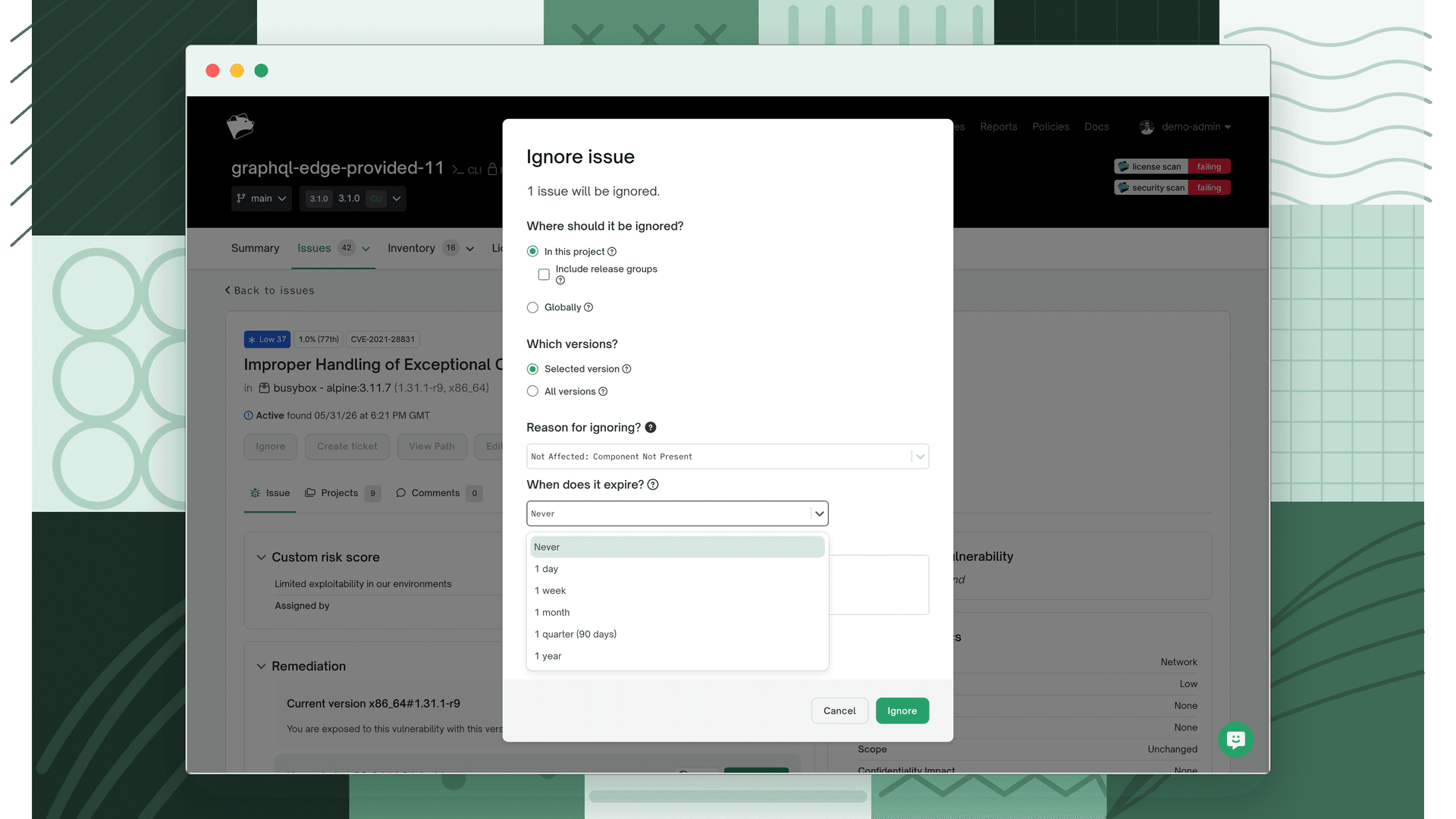 Ignore issue modal with the expiration dropdown open showing duration options