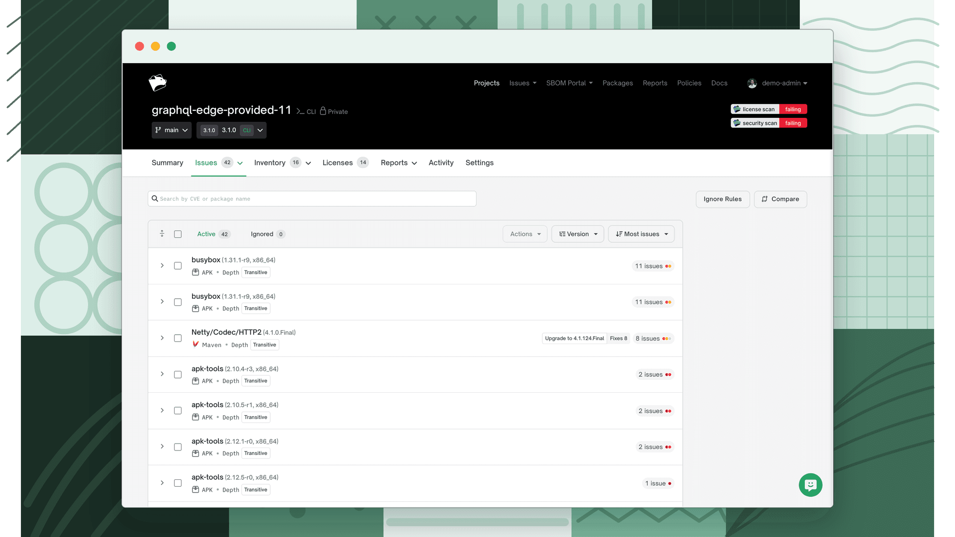 Project vulnerability issues list with the Active tab selected