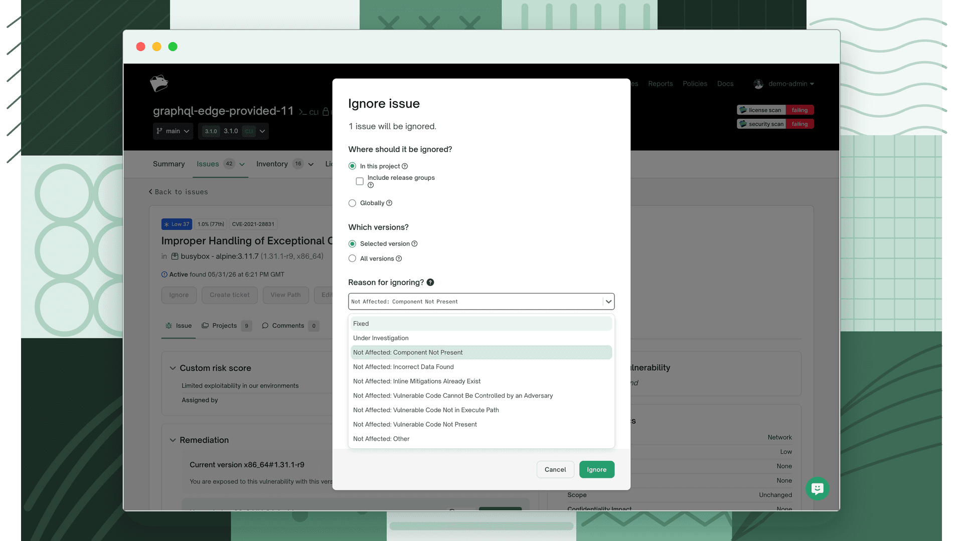 Ignore issue modal with the Reason for ignoring dropdown open showing the VEX justification categories