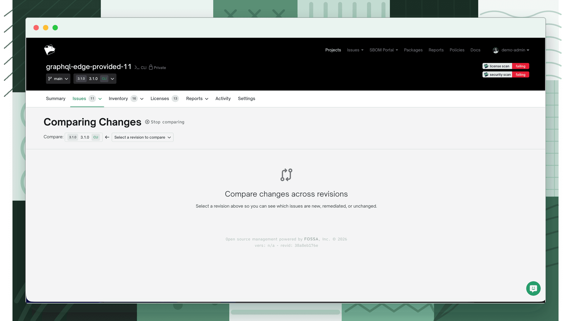 Comparing Changes page showing the current revision 3.1.0 and the Select a revision to compare dropdown, with an empty state prompt to select a revision