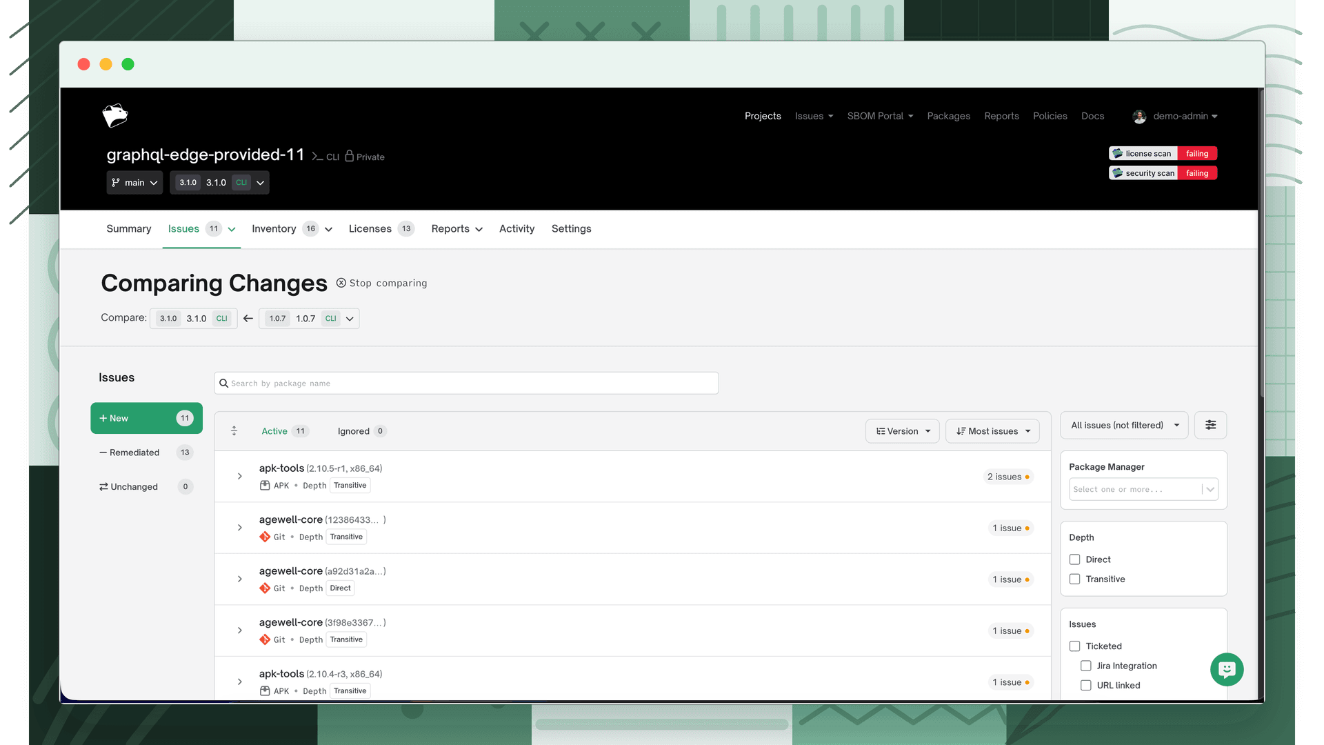 Comparing Changes view showing revision 3.1.0 compared against 1.0.7, with New, Remediated, and Unchanged toggles on the left and 11 new active issues listed